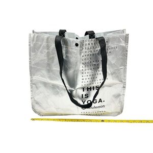 LULULEMON THIS IS YOGA Tote Bag Purse Handbag Silver Shiny Large Medium 16x14”